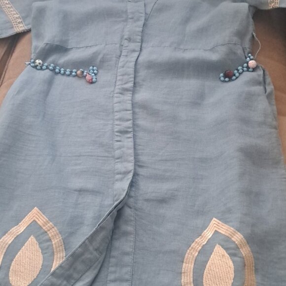 Greek Arcaic Kori Seafoam Color Linen Dress Gold Embroidery szXS missing  sash - Picture 9 of 12